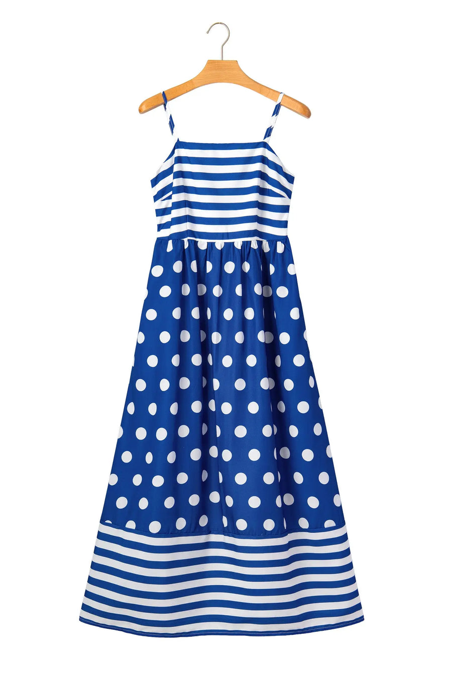 Blue striped polka dot patchwork high waist spaghetti strap maxi dress dresses