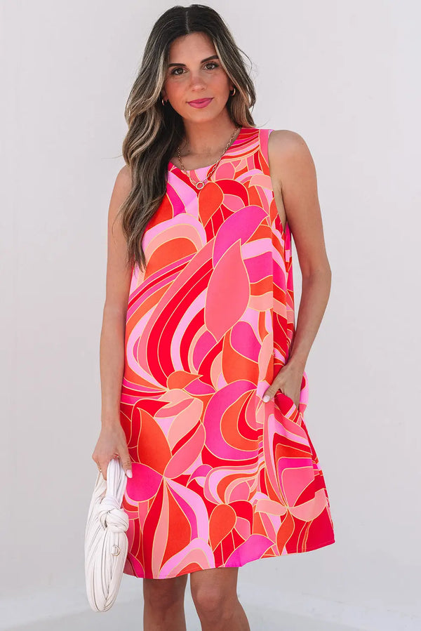 Rose Abstract Floral Sleeveless Shift Mini Dress Women UK