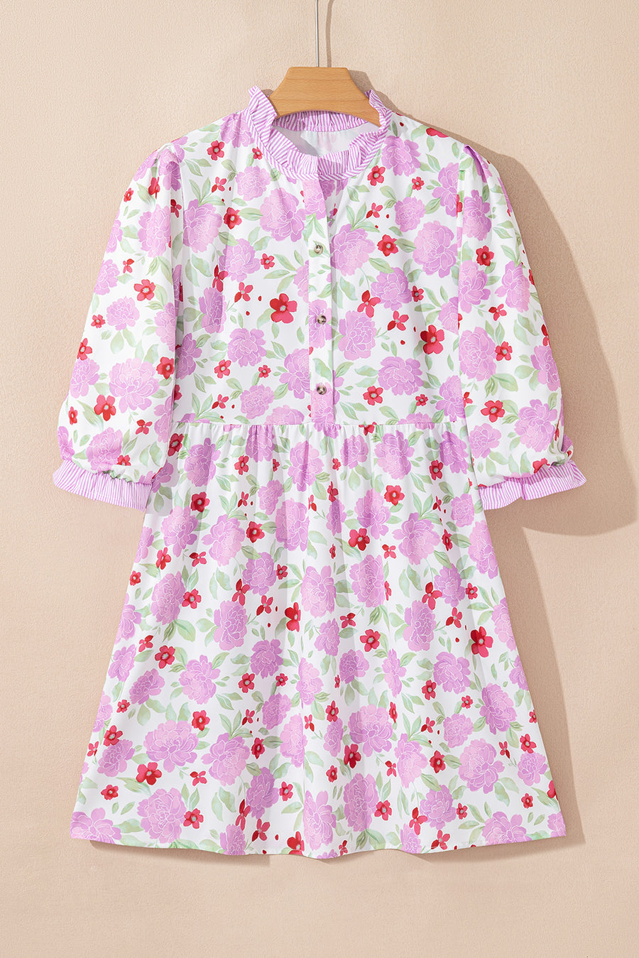 Pink Floral Print Striped Trim Frilled Neck 3/4 Sleeve Flared Mini Dress