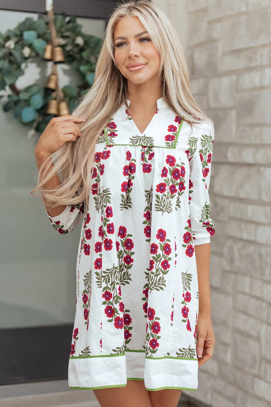 White Floral Frilled V Neck 3/4 Sleeve Loose Dress Women UK — lifestyle view