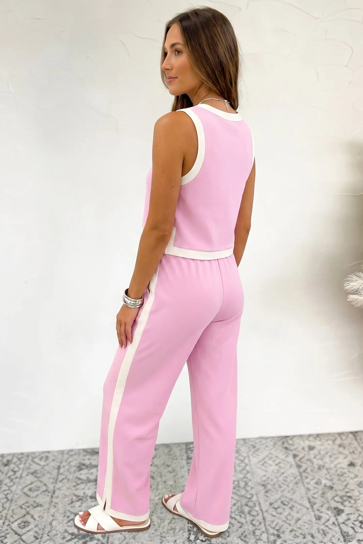 Colorblock Trim Cropped Tank High Waist Wide-Leg Pants Two-Piece Set