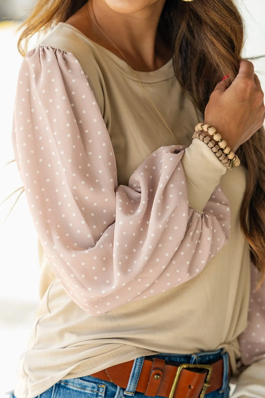 Parchment Polka Dot Long Sleeve Round Neck Plus Size Blouse Women UK