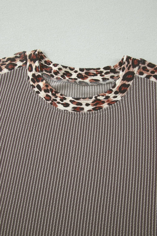 Leopard trim twist ribbed short set two piece outfit sets