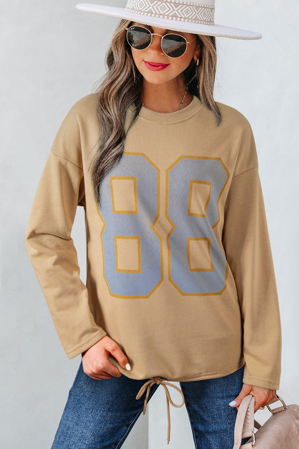Khaki 88 Number Graphic Drawstring Oversized Long Sleeve Top Women UK