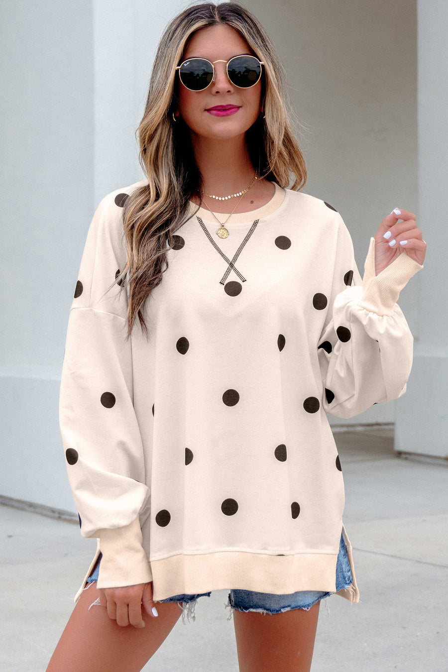 Polka Dot Long Sleeve Round Neck Tunic Sweatshirt