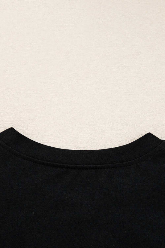 Back neckline detail of the Lace Sleeve Drop T-Shirt - Soft & Comfy | FashionFitz, highlighting the clean stitching and soft black fabric.