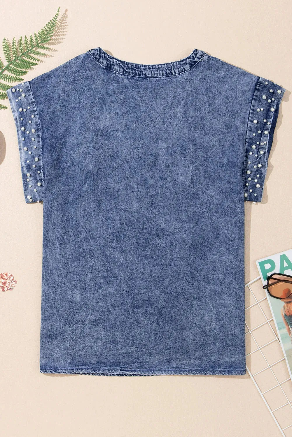 Denim Top - Dusk Blue Acid Wash Pearl Embellishments - Fashionfitz