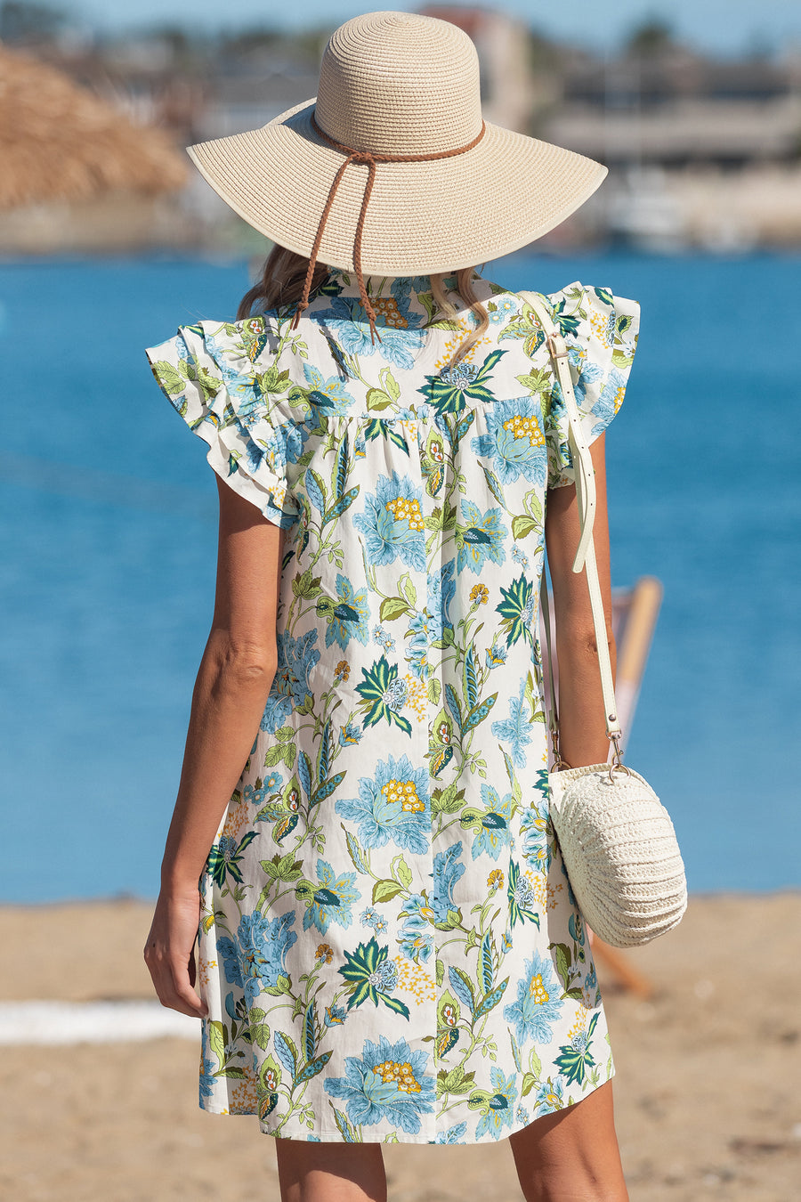Beige Floral V Neck Triple Ruffle Short Sleeve Mini Dress Women UK — back view
