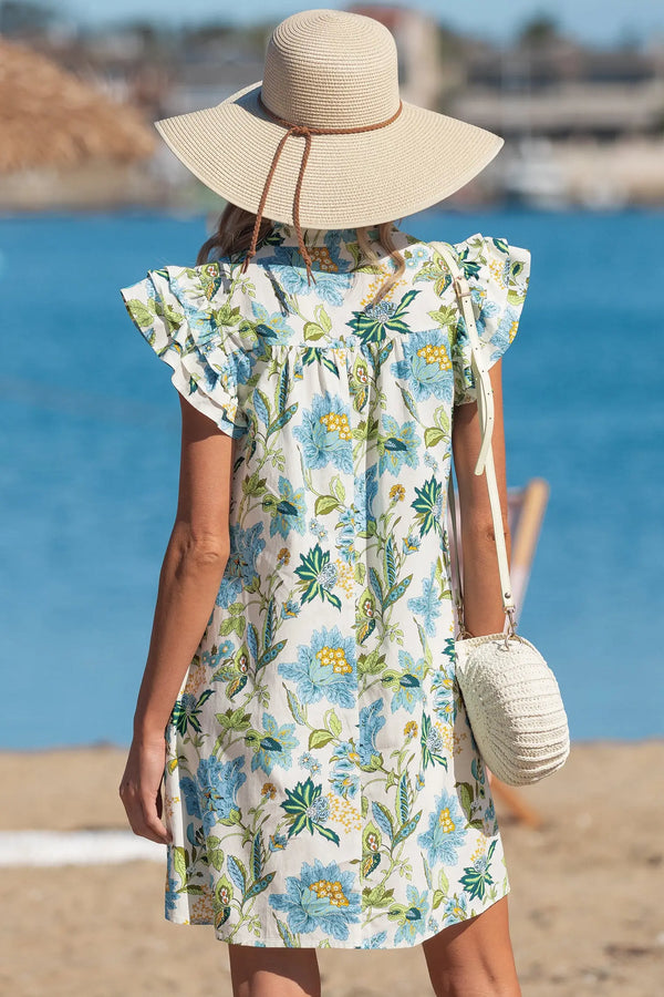 Beige Floral V Neck Triple Ruffle Short Sleeve Mini Dress Women UK — back view