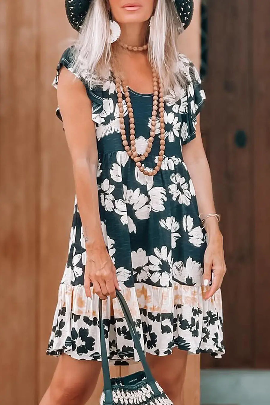 Green Floral Ruffle Sleeve Empire Waist Mini Dress Women UK — model shot