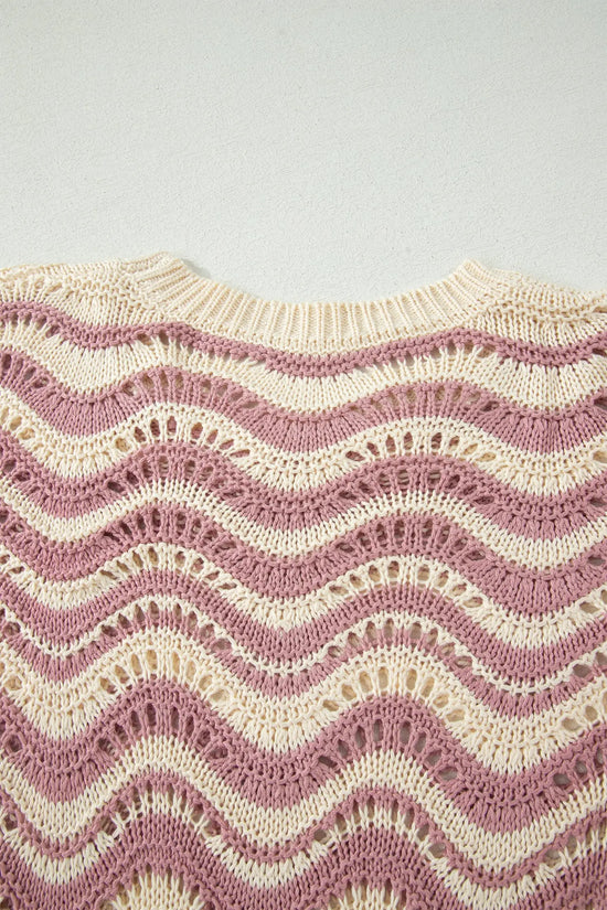 Wavy stripe crochet eyelet ruffle half sleeve knit sweater relaxed fit sweaters
