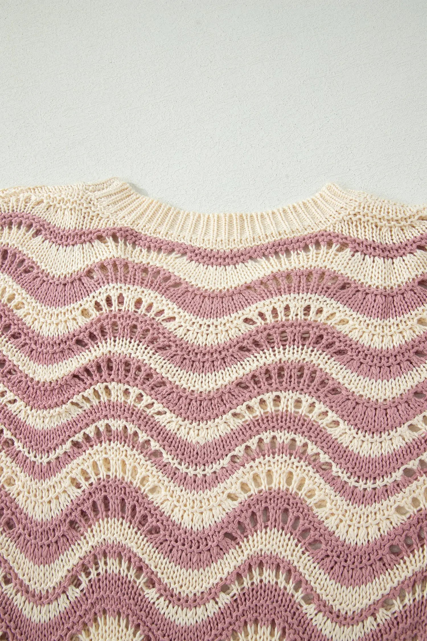 Wavy stripe crochet eyelet ruffle half sleeve knit sweater relaxed fit sweaters