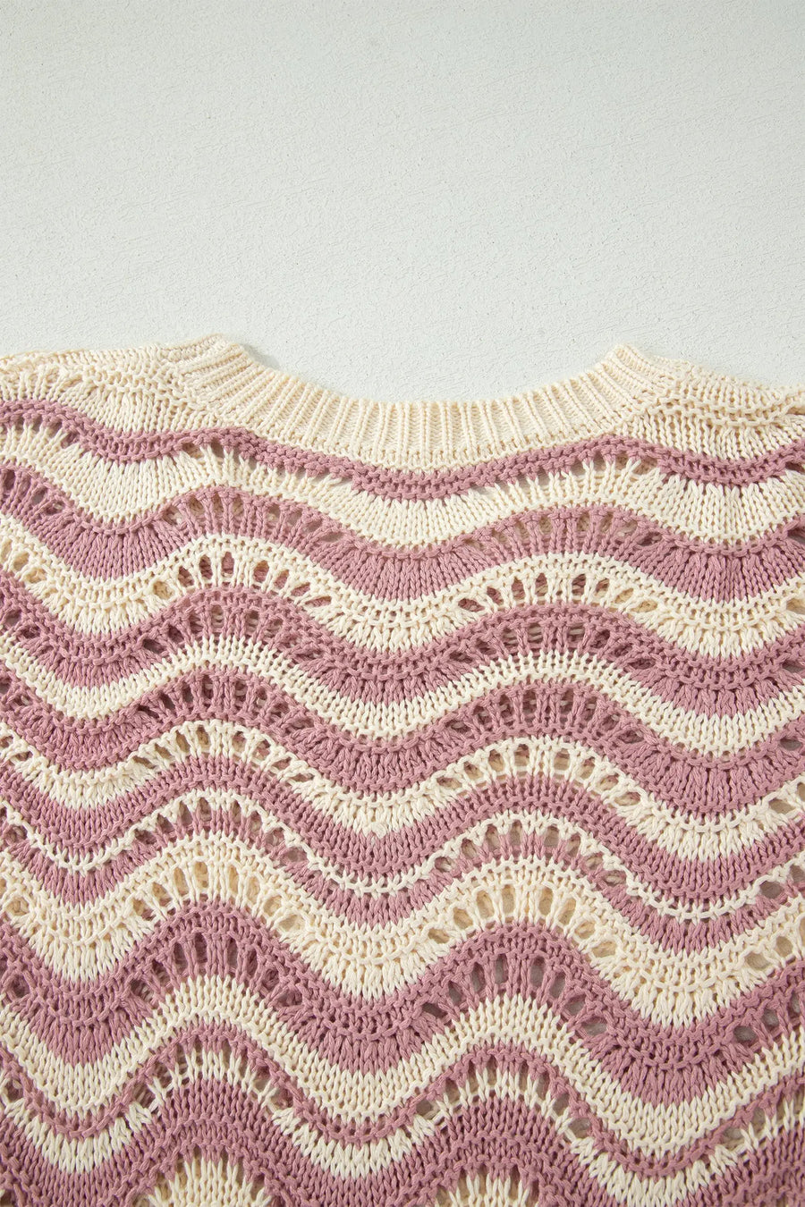 Wavy stripe crochet eyelet ruffle half sleeve knit sweater relaxed fit sweaters
