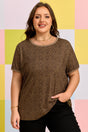 Leopard print ribbed trim round neck plus size tee in khaki — front view
