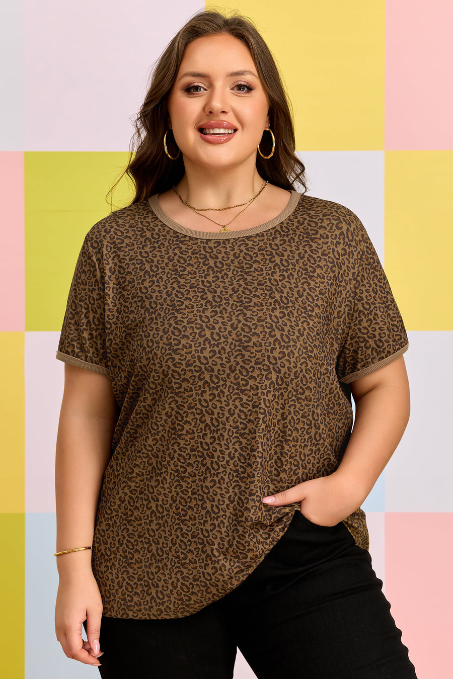 Leopard print ribbed trim round neck plus size tee in khaki — front view