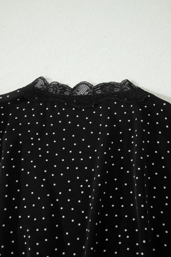 Polka dot lace trim wrap v-neck short sleeve mini dress dresses