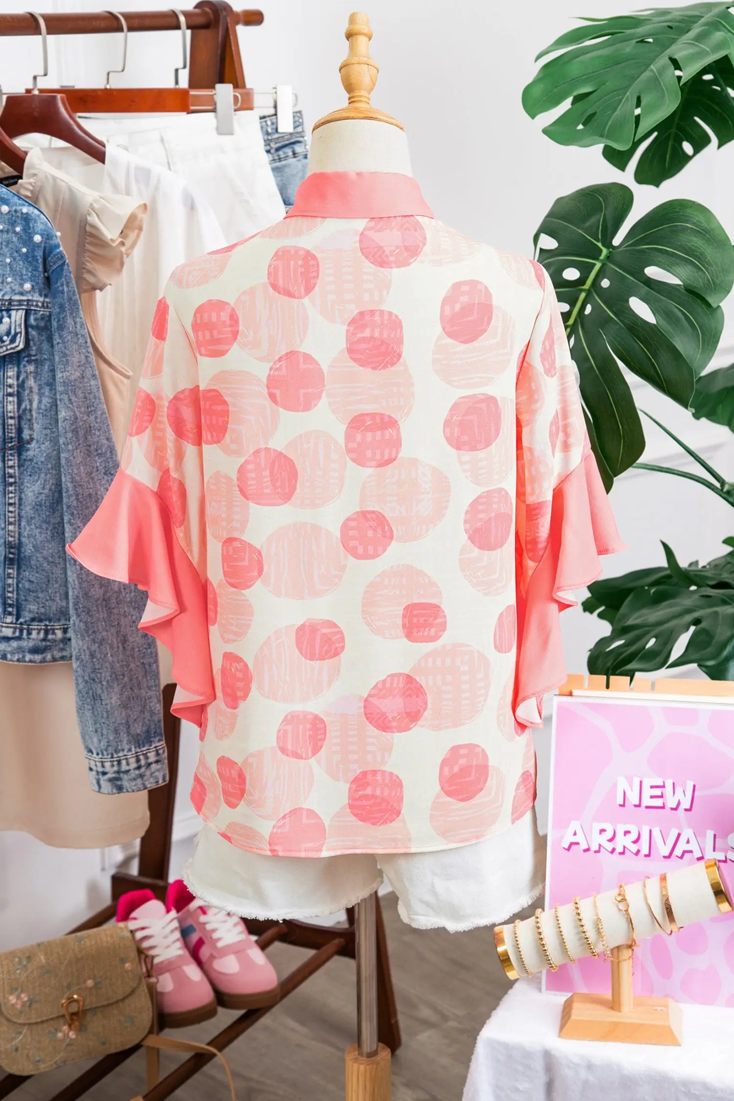 Polka dot ruffle sleeve babydoll shirt button front collar pink shirts