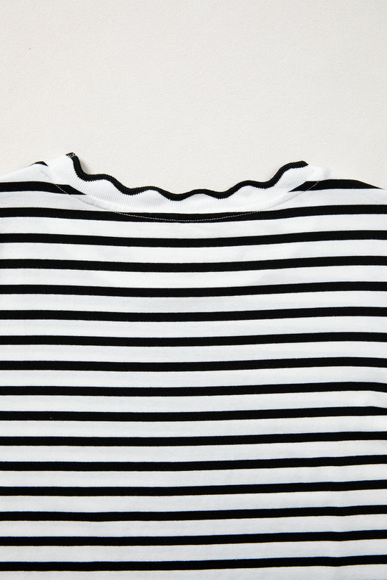 Scalloped Trim Stripe Cotton T-Shirt Round Neck Short Sleeve