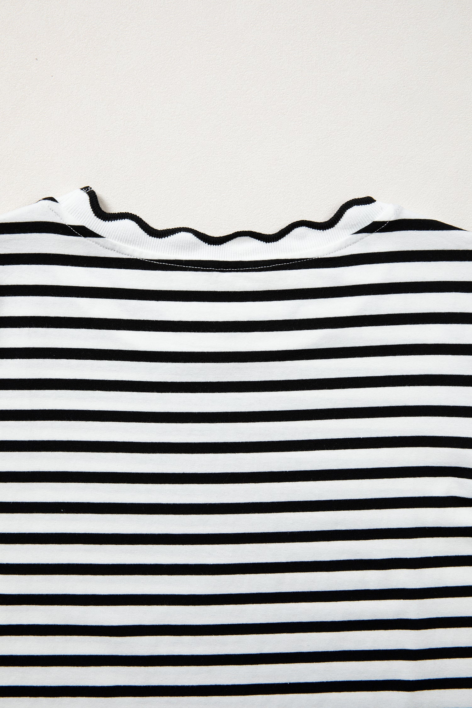 Scalloped Trim Stripe Cotton T-Shirt Round Neck Short Sleeve