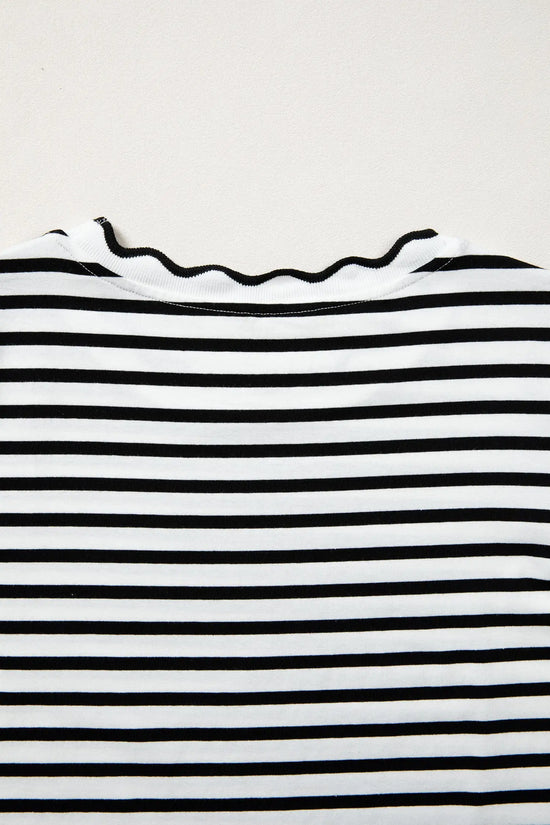 Scalloped trim stripe cotton t-shirt round neck short sleeve t-shirts