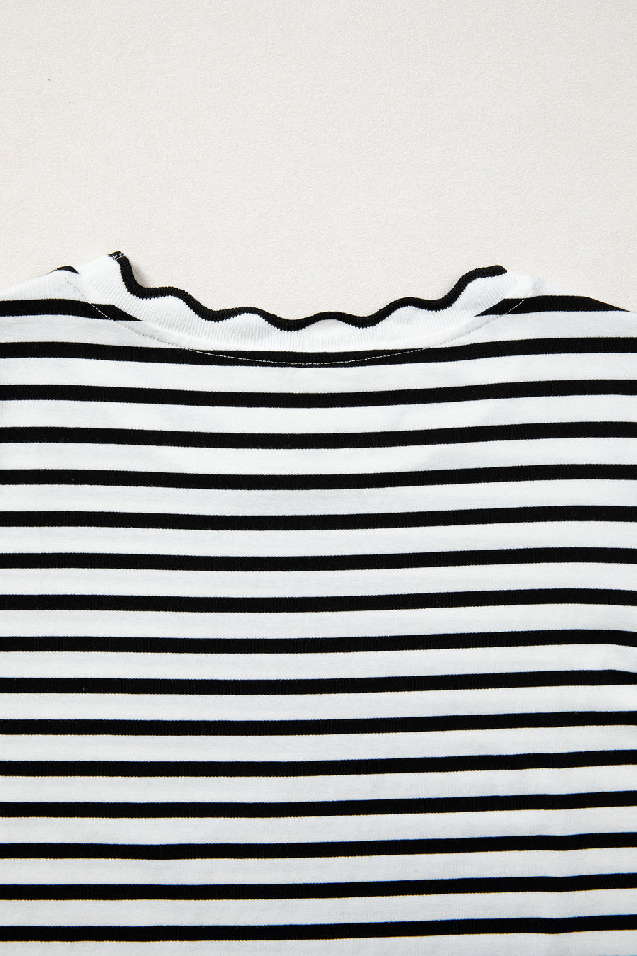 Scalloped Trim Stripe Cotton T-Shirt Round Neck Short Sleeve