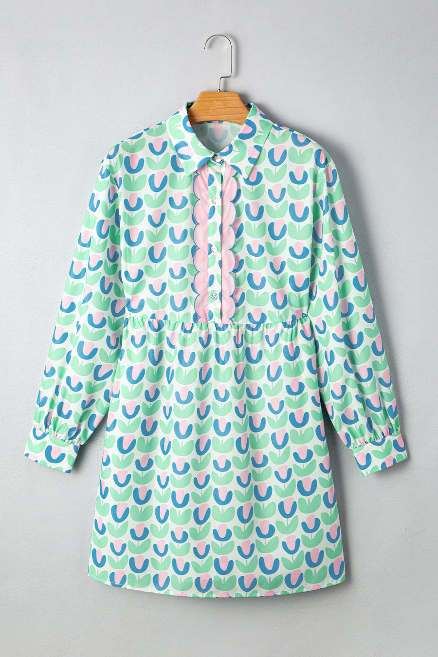 Green Floral Scalloped Notched Neck Long Sleeve Mini Dress Women UK