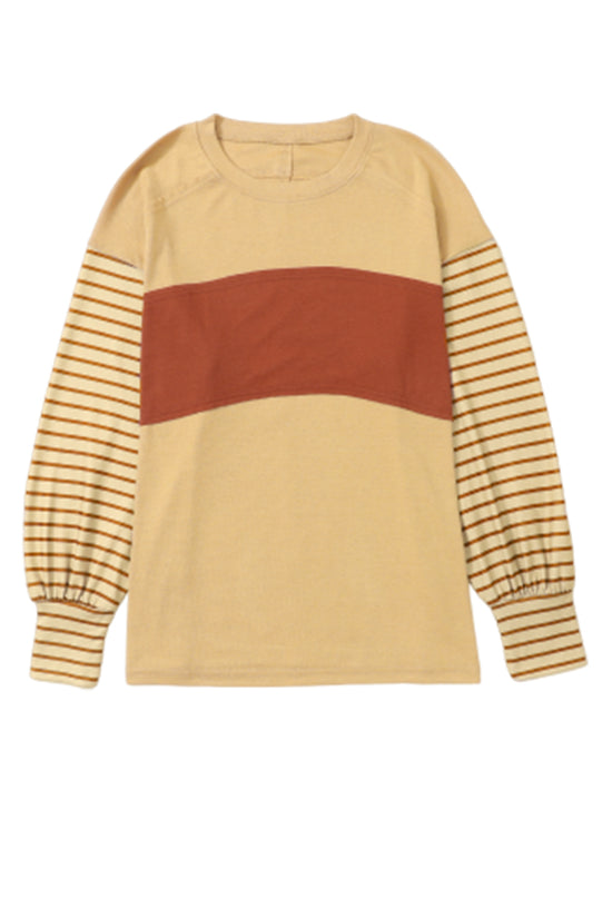 Green Colorblock Bishop Sleeve Top - Striped Casual Chic