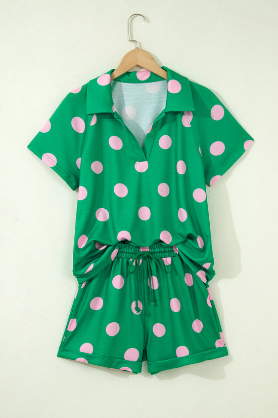 Polka Dot V Neck Short Sleeve Tee High Waist Drawstring Shorts Set