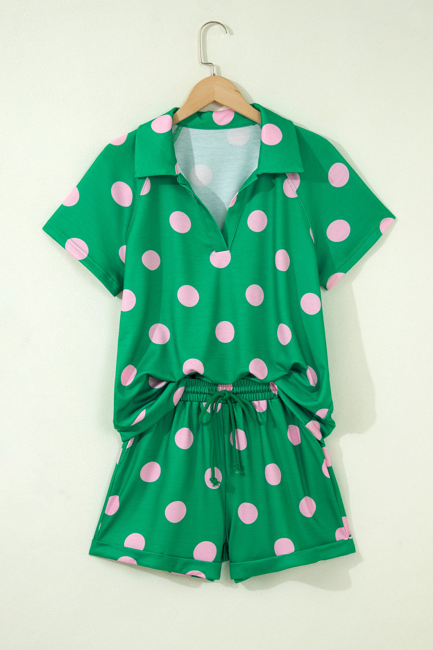 Polka Dot V Neck Short Sleeve Tee High Waist Drawstring Shorts Set