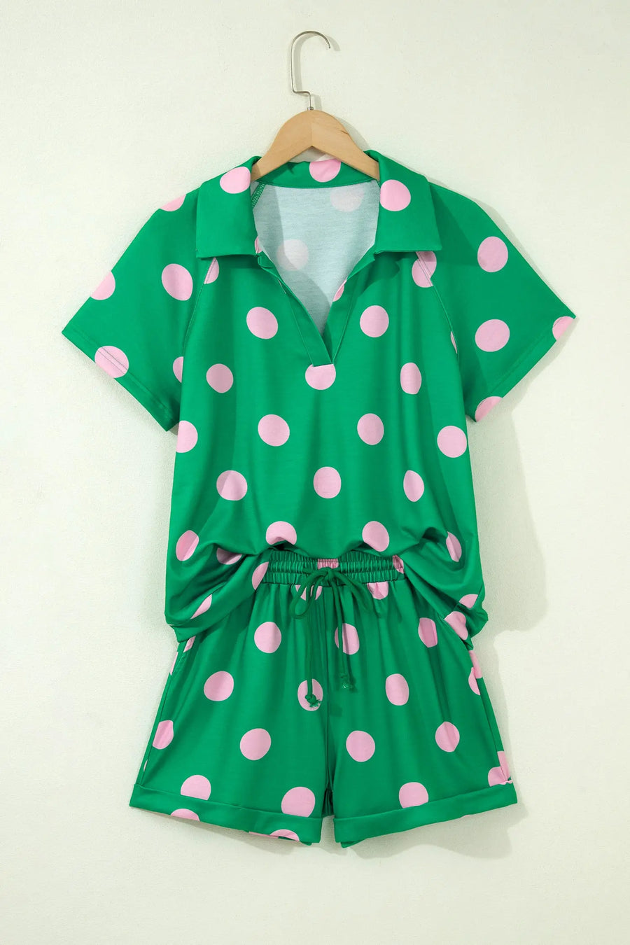 Polka Dot V Neck Short Sleeve Tee High Waist Drawstring Shorts Set
