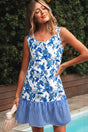 Sky Blue Floral U Neck Sleeveless Striped Ruffle Hem Dress Women UK — front view