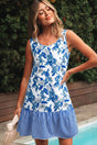 Sky Blue Floral U Neck Sleeveless Striped Ruffle Hem Dress Women UK — front view