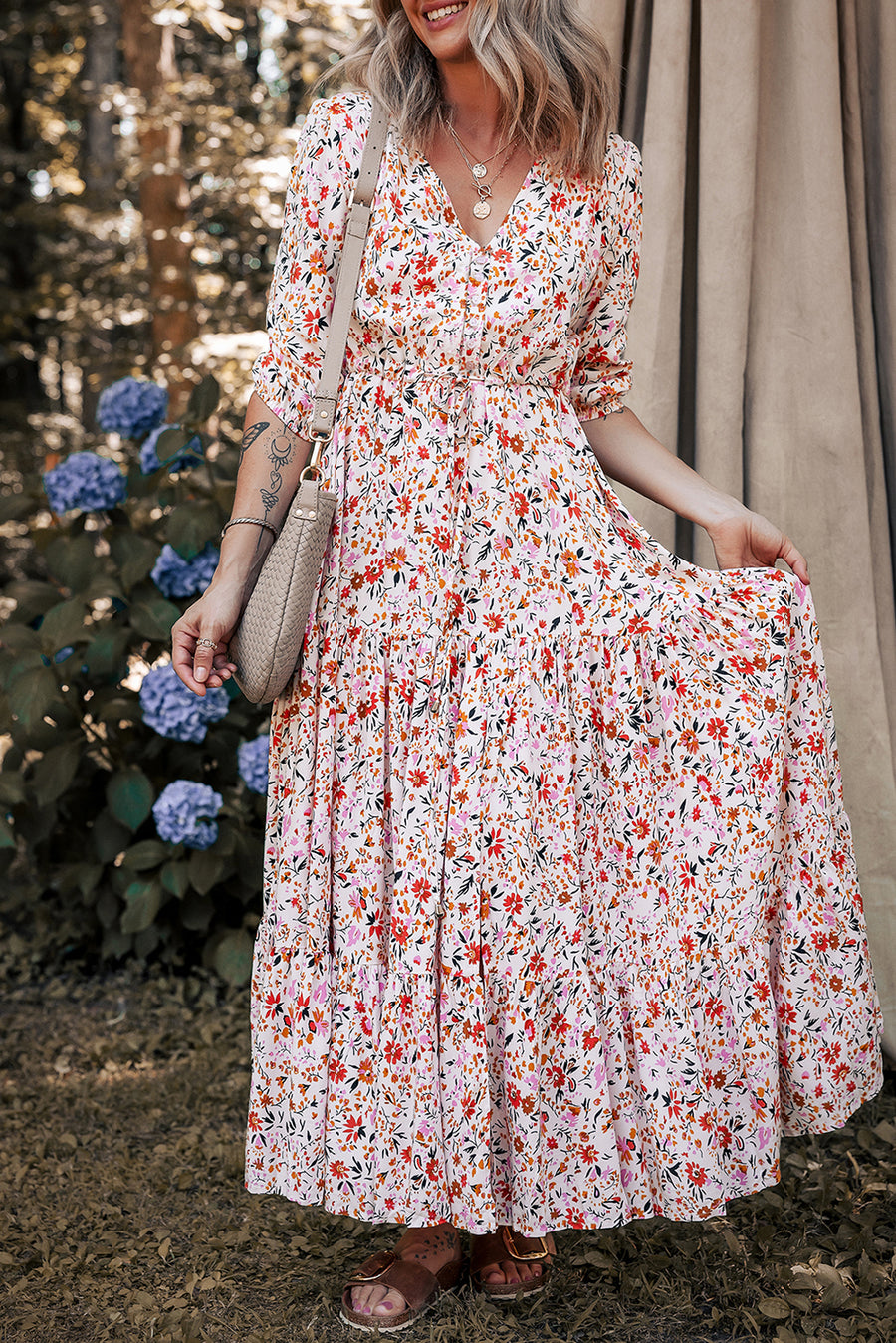 Red Boho Half Sleeve Floral V Neck Maxi Dress Women UK