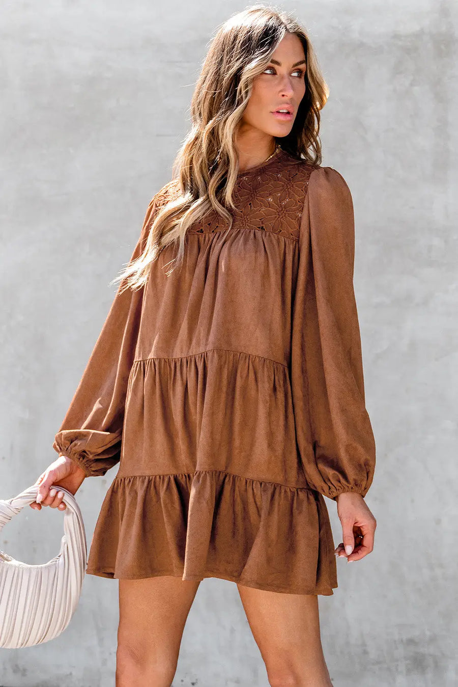 Chestnut Floral Lace Crochet Tiered Mini Dress Women UK