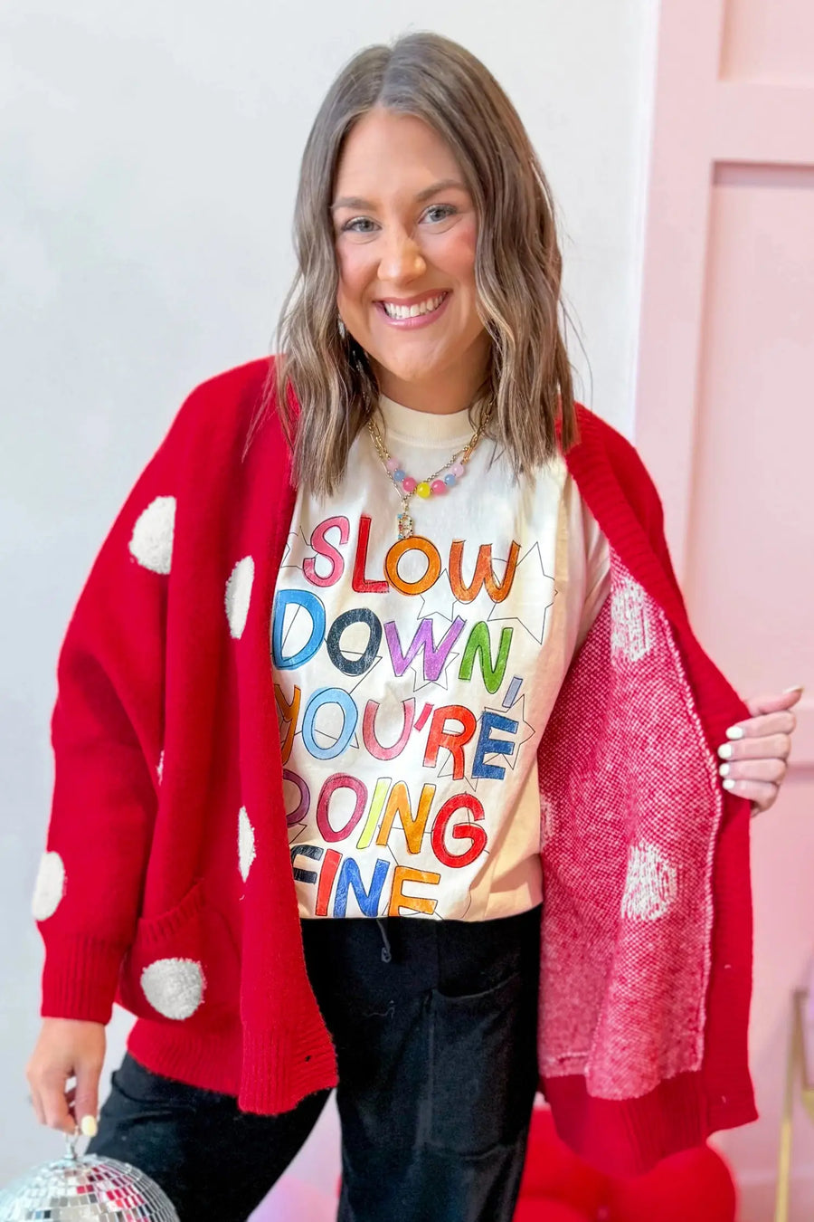 Polka Dot Button Front Oversized V-Neck Cardigan
