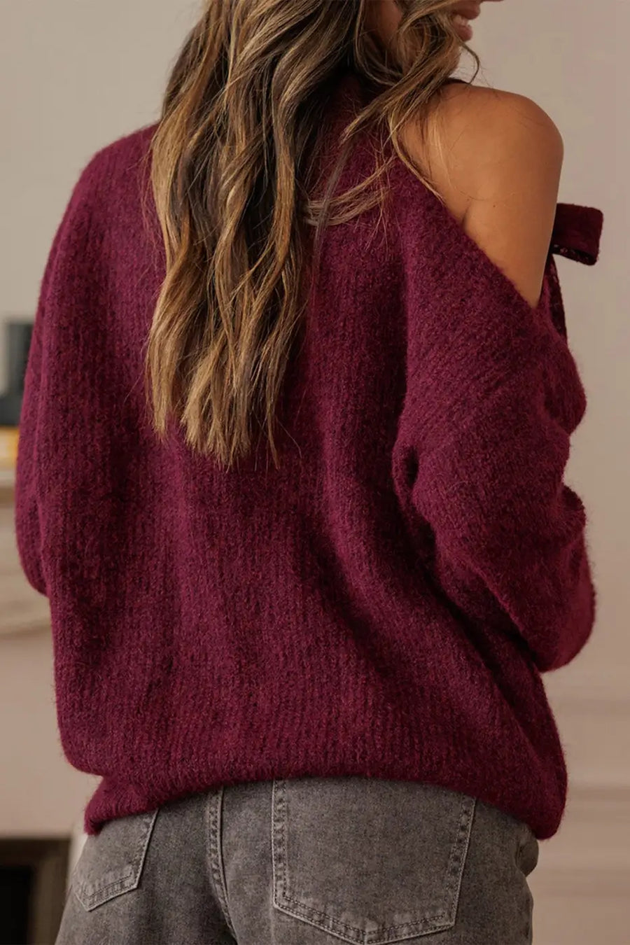 Burgundy lace bow sweater | asymmetric off shoulder jumper sweaters
