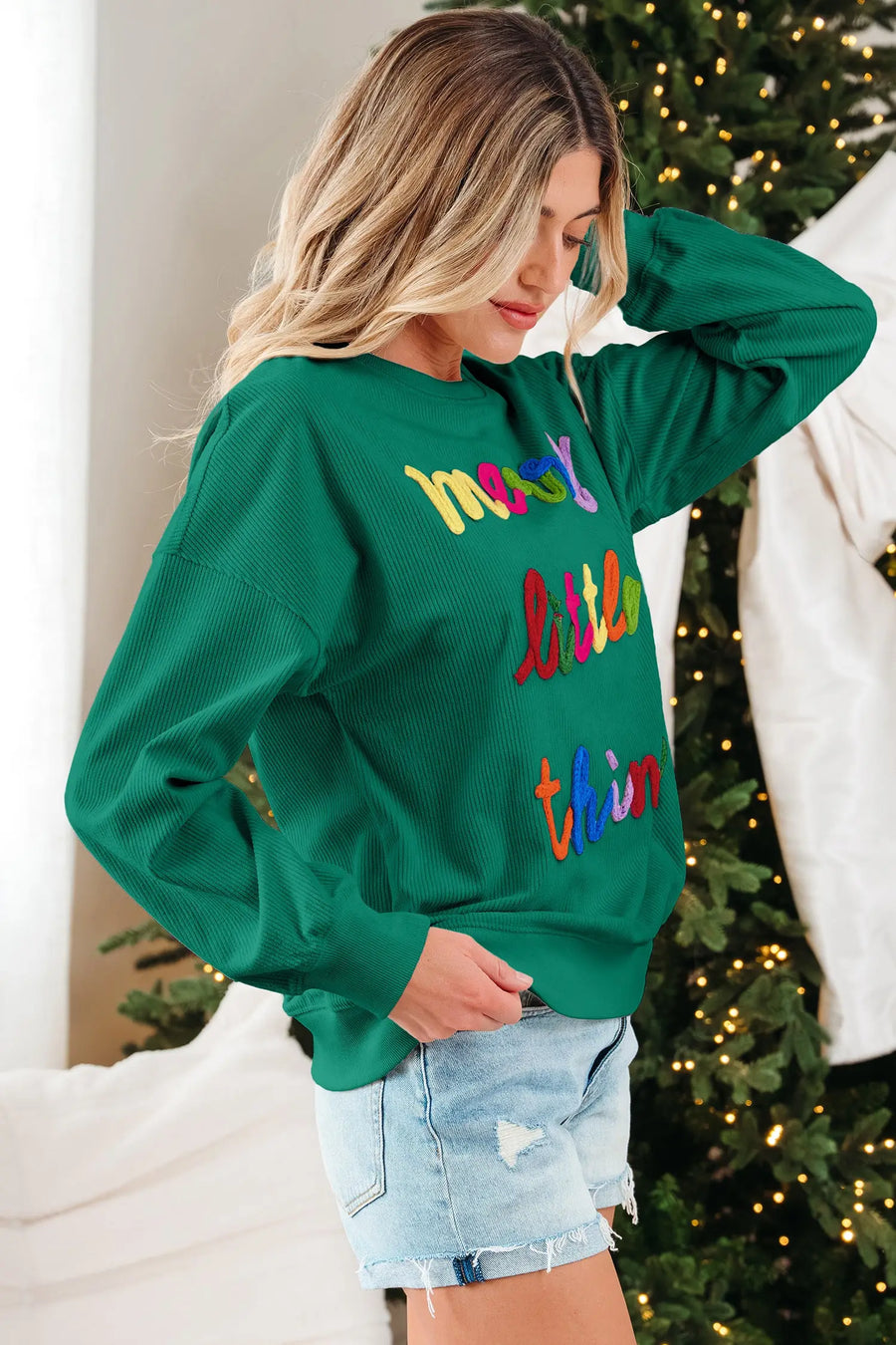 Beige Merry Little Thing Corded Graphic Ribbed Sweatshirt Women UK
