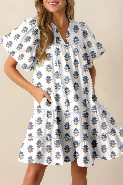 Sky Blue Floral Puff Sleeve Tied Neck Pocketed Mini Dress Women UK