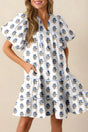Sky Blue Floral Puff Sleeve Tied Neck Pocketed Mini Dress Women UK