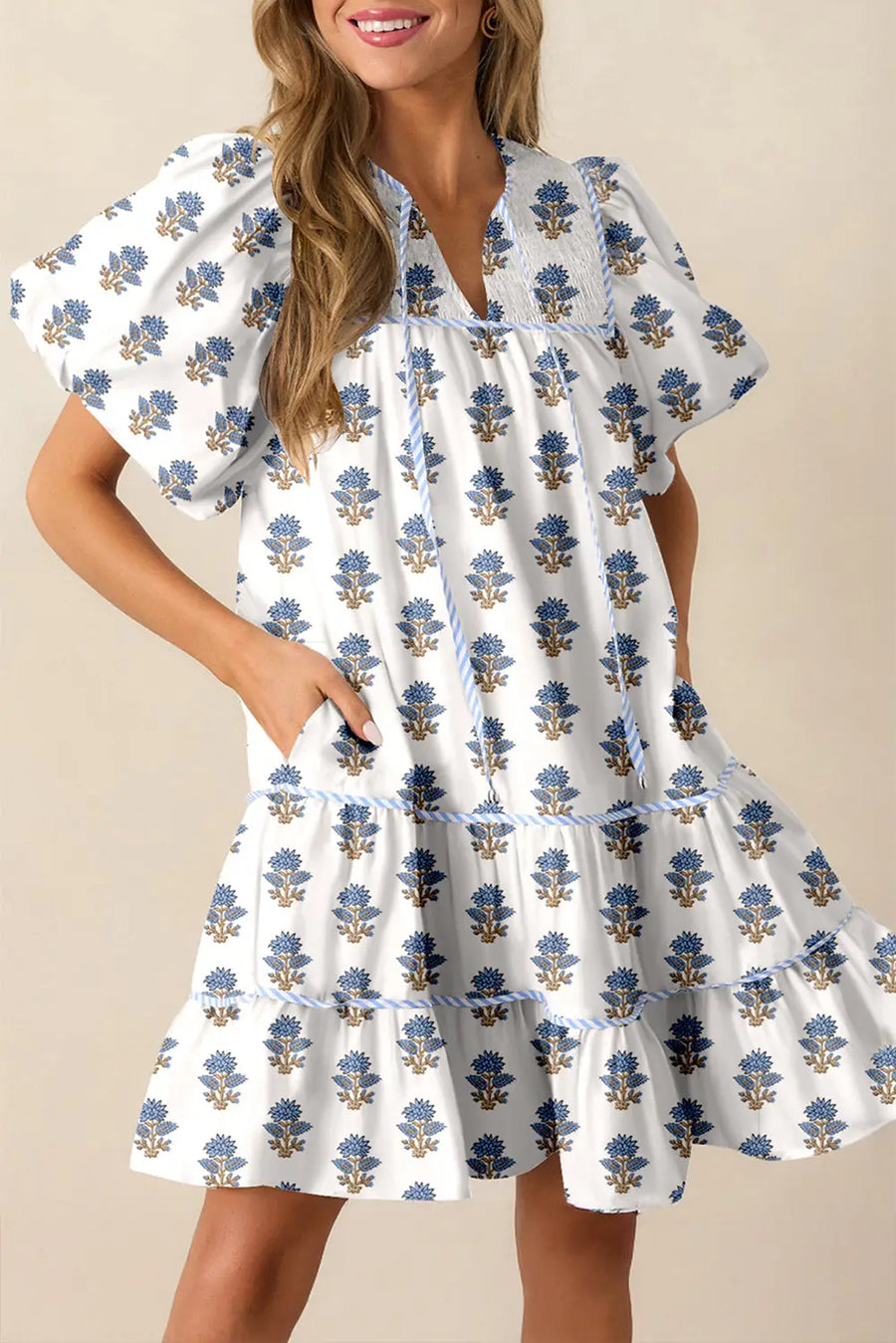 Sky Blue Floral Puff Sleeve Tied Neck Pocketed Mini Dress Women UK