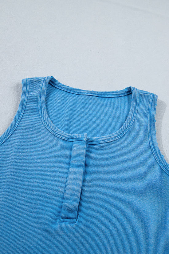 Vintage Distressed Ribbed Mineral Wash Button Neck Tank Top