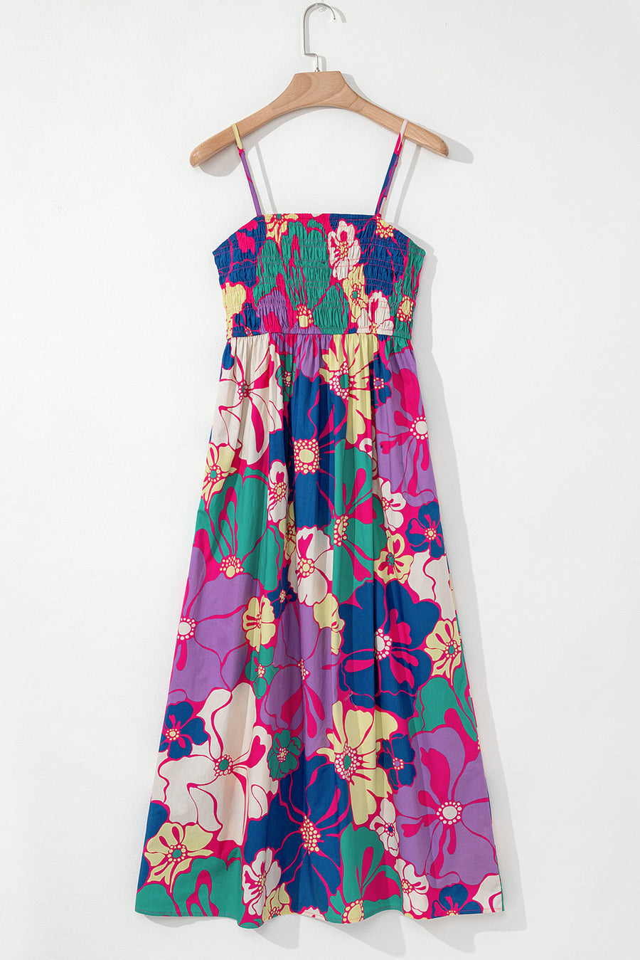 Purple Floral Shirred Spaghetti Strap Loose Maxi Dress Women UK