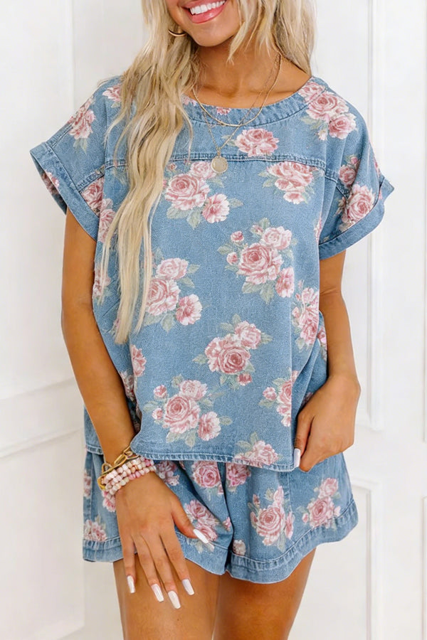 Floral Denim Short Sleeve Top and Shorts Set Women UK in Sky Blue — front view showing complete co-ord set together — Fashionfitz