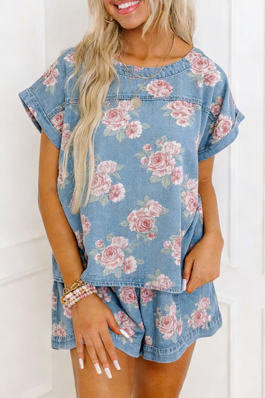 Floral Denim Short Sleeve Top and Shorts Set Women UK in Sky Blue — front view showing complete co-ord set together — Fashionfitz