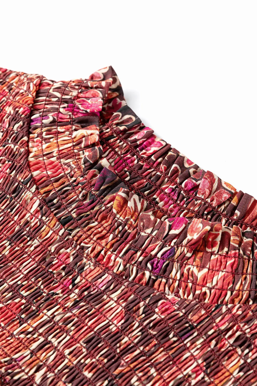 Red Floral Long Sleeve Shirred High Neck Mini Dress Women UK — close-up detail