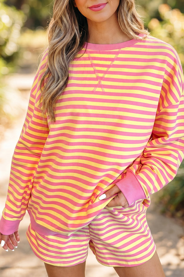 Yellow stripe colour block long sleeve top and casual shorts set women UK — co-ord front view