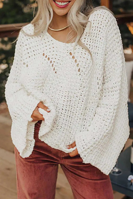 Close-up front view of white wide sleeve hollow knit jumper with flared sleeves and open-knit texture, perfect for daily fall outfits.