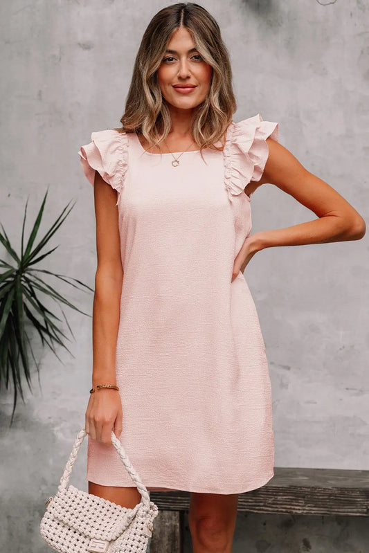Light pink textured flutter sleeve square neck bow back mini dress