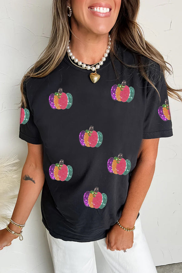 Sequin Pumpkin Graphic Round Neck Casual Tee Women UK