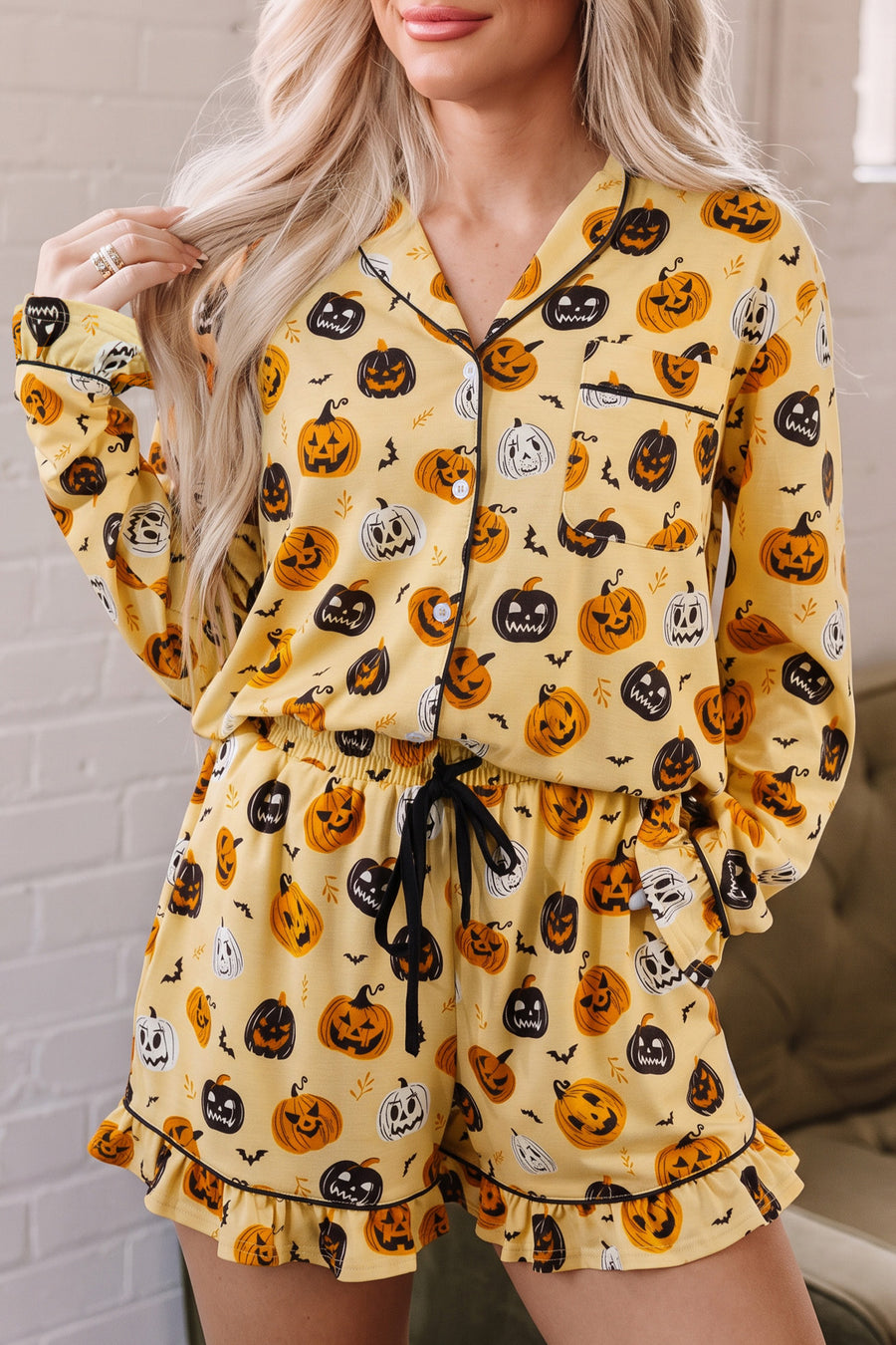 Pumpkin Face Ruffle Long Sleeve Lounge Set Women UK